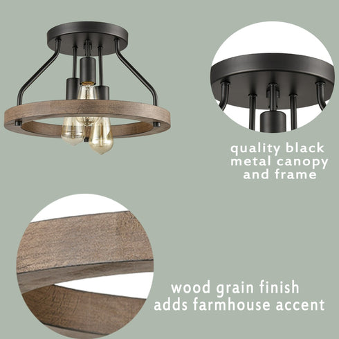 Farmhouse Flush Mount Ceiling Light Wood Grain with 3 Lights